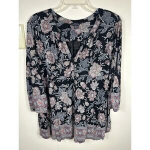 Lucky Brand Floral Henley Blouse Women 3X Black Pink BOHO Paisley Popover Tunic